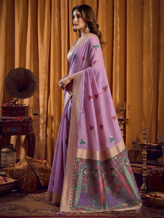 Khadi Cotton Saree With Elegant Jhallar Border Paired With A Katha Work Modal With Mina & Zhallar