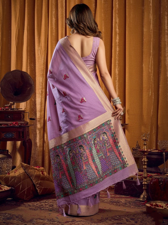 Khadi Cotton Saree With Elegant Jhallar Border Paired With A Katha Work Modal With Mina & Zhallar