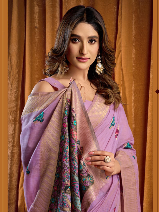 Khadi Cotton Saree With Elegant Jhallar Border Paired With A Katha Work Modal With Mina & Zhallar
