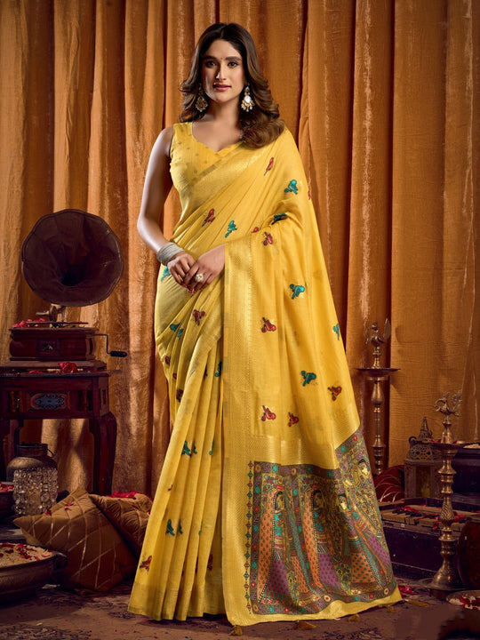 Khadi Cotton Saree With Elegant Jhallar Border Paired With A Katha Work Modal With Mina & Zhallar