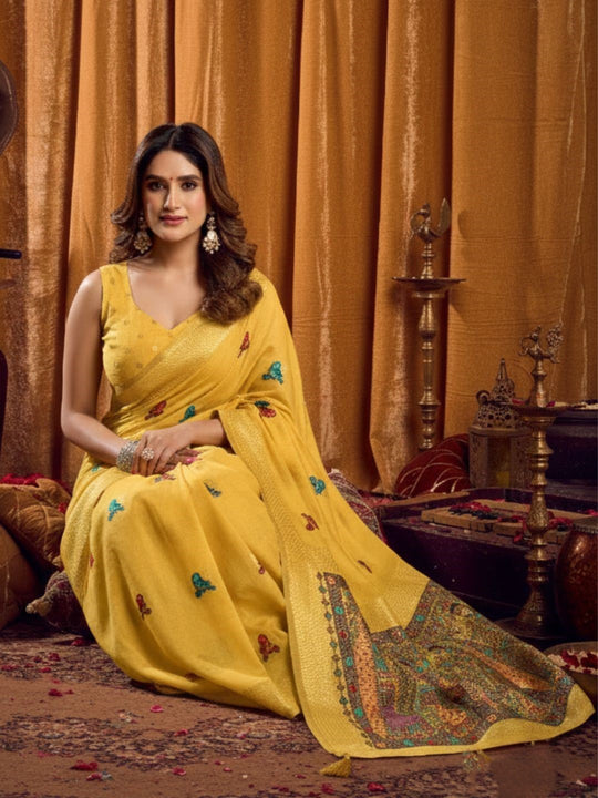 Khadi Cotton Saree With Elegant Jhallar Border Paired With A Katha Work Modal With Mina & Zhallar
