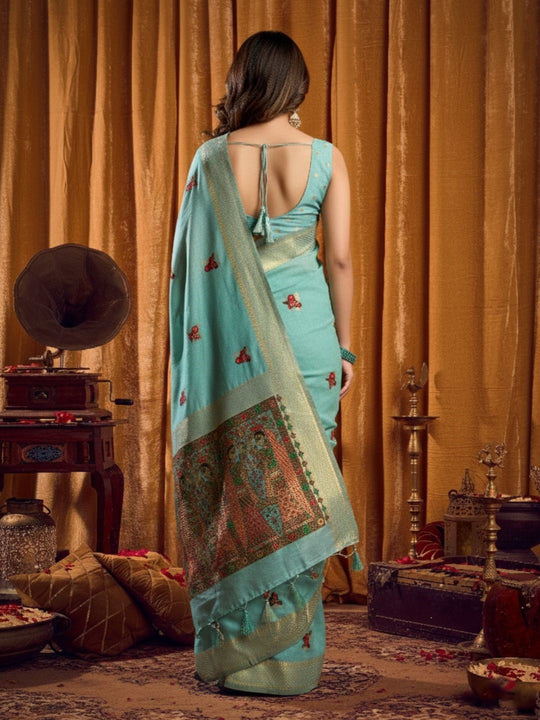 Khadi Cotton Saree With Elegant Jhallar Border Paired With A Katha Work Modal With Mina & Zhallar