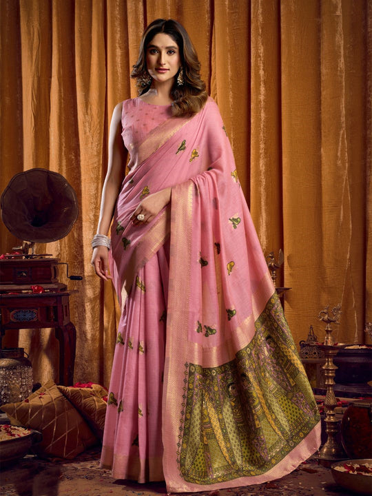 Khadi Cotton Saree With Elegant Jhallar Border Paired With A Katha Work Modal With Mina & Zhallar