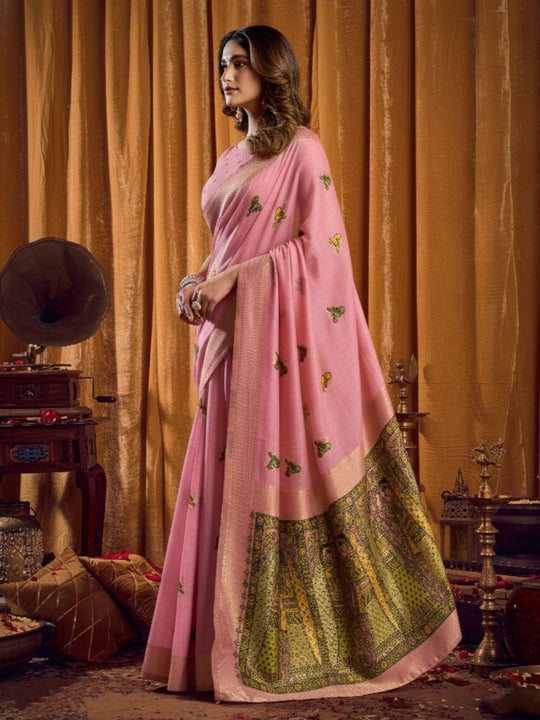 Khadi Cotton Saree With Elegant Jhallar Border Paired With A Katha Work Modal With Mina & Zhallar