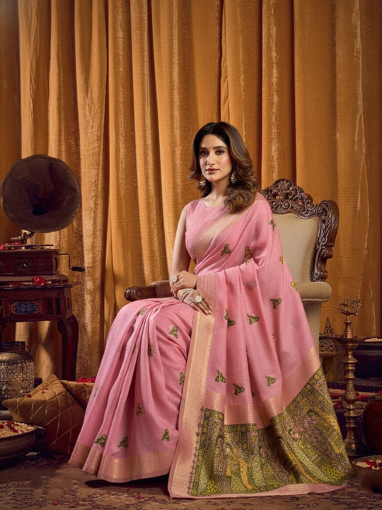 Khadi Cotton Saree With Elegant Jhallar Border Paired With A Katha Work Modal With Mina & Zhallar