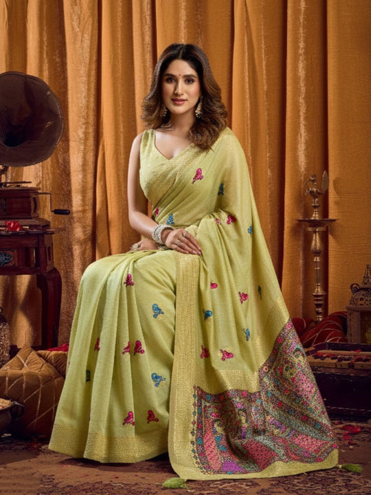 Khadi Cotton Saree With Elegant Jhallar Border Paired With A Katha Work Modal With Mina & Zhallar