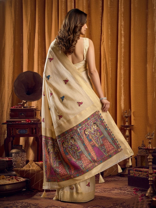 Khadi Cotton Saree With Elegant Jhallar Border Paired With A Katha Work Modal With Mina & Zhallar