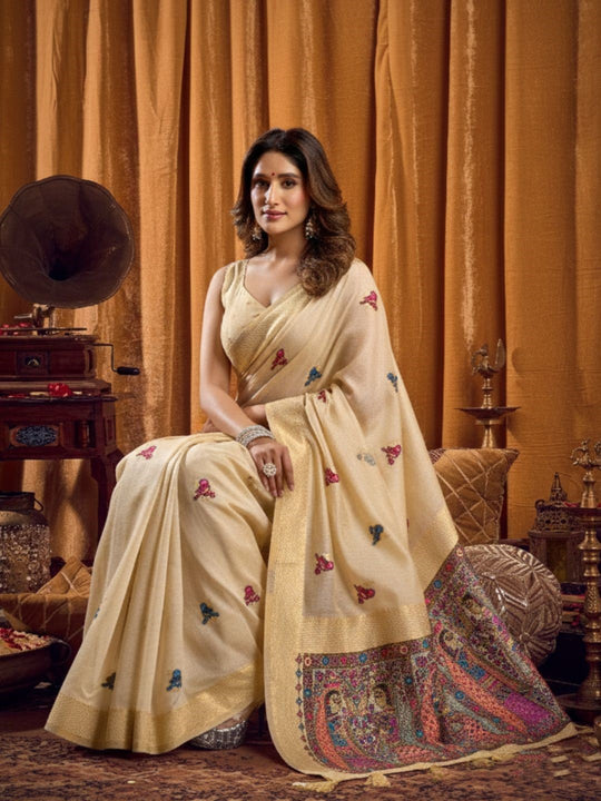 Khadi Cotton Saree With Elegant Jhallar Border Paired With A Katha Work Modal With Mina & Zhallar