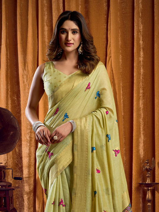 Khadi Cotton Saree With Elegant Jhallar Border Paired With A Katha Work Modal With Mina & Zhallar