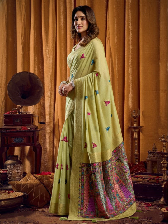Khadi Cotton Saree With Elegant Jhallar Border Paired With A Katha Work Modal With Mina & Zhallar
