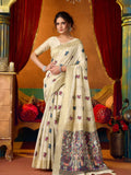 Cream Soft Silk Katha Work Modal With Mina & Zhallar Saree With Blouse Piece
