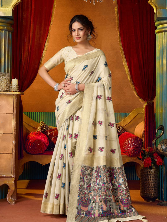 Cream Soft Silk Katha Work Modal With Mina & Zhallar Saree With Blouse Piece