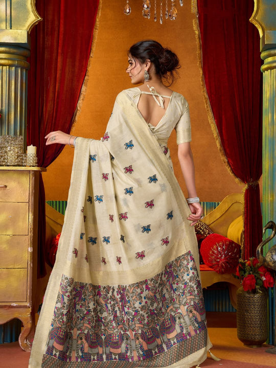 Cream Soft Silk Katha Work Modal With Mina & Zhallar Saree With Blouse Piece