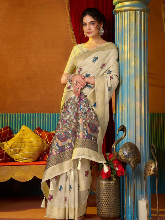 Cream Soft Silk Katha Work Modal With Mina & Zhallar Saree With Blouse Piece