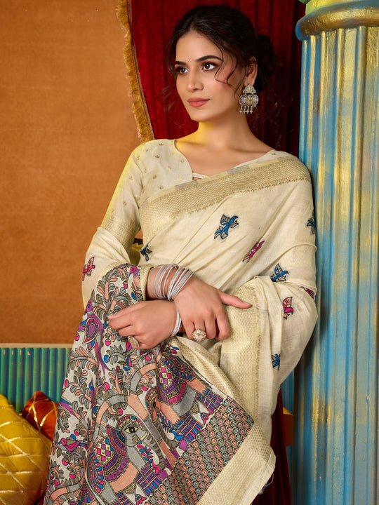 Cream Soft Silk Katha Work Modal With Mina & Zhallar Saree With Blouse Piece