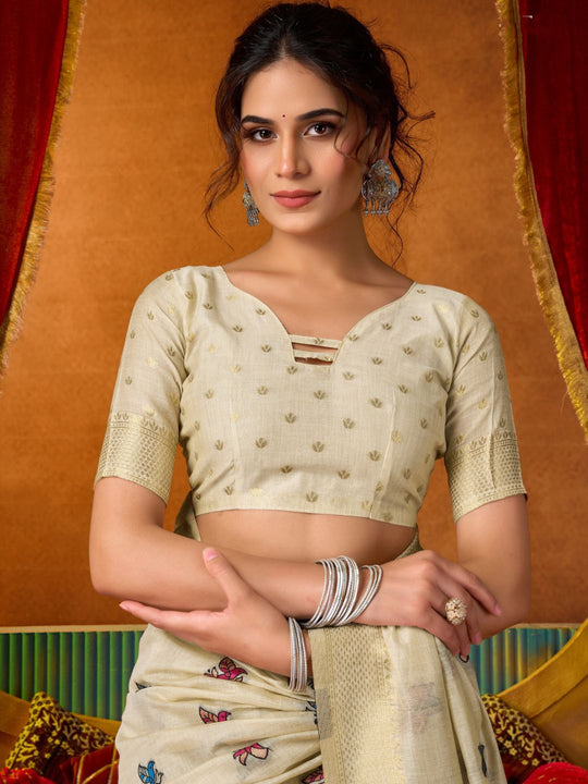 Cream Soft Silk Katha Work Modal With Mina & Zhallar Saree With Blouse Piece