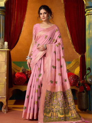 Pink Soft Silk Katha Work Modal With Mina & Zhallar Saree With Blouse Piece