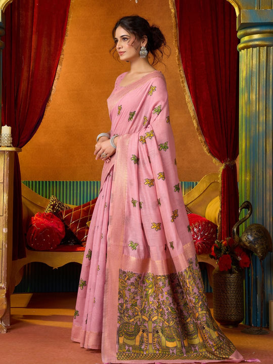 Pink Soft Silk Katha Work Modal With Mina & Zhallar Saree With Blouse Piece