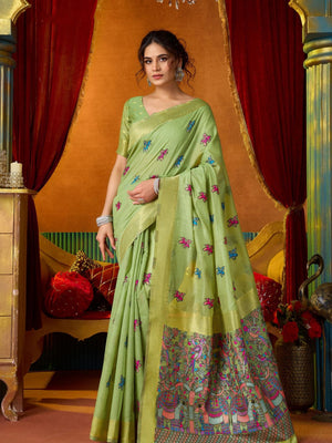 Green Soft Silk Katha Work Modal With Mina & Zhallar Saree With Blouse Piece
