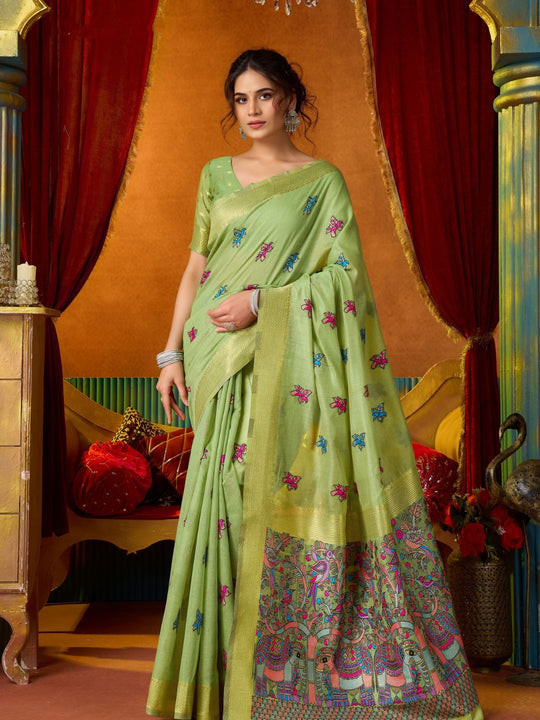Green Soft Silk Katha Work Modal With Mina & Zhallar Saree With Blouse Piece