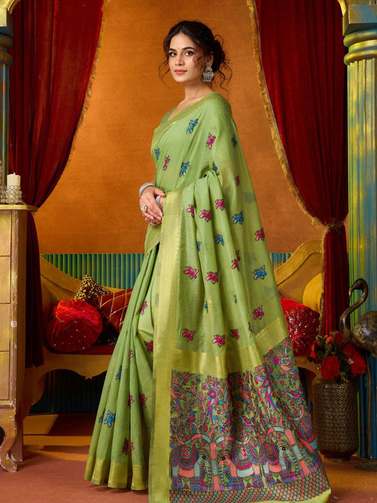 Green Soft Silk Katha Work Modal With Mina & Zhallar Saree With Blouse Piece