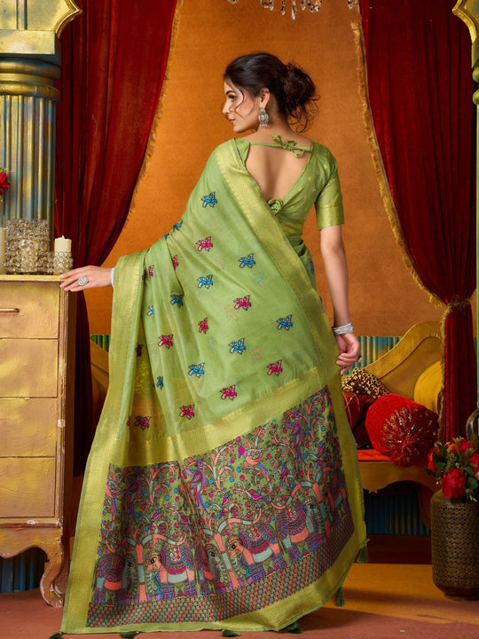 Green Soft Silk Katha Work Modal With Mina & Zhallar Saree With Blouse Piece