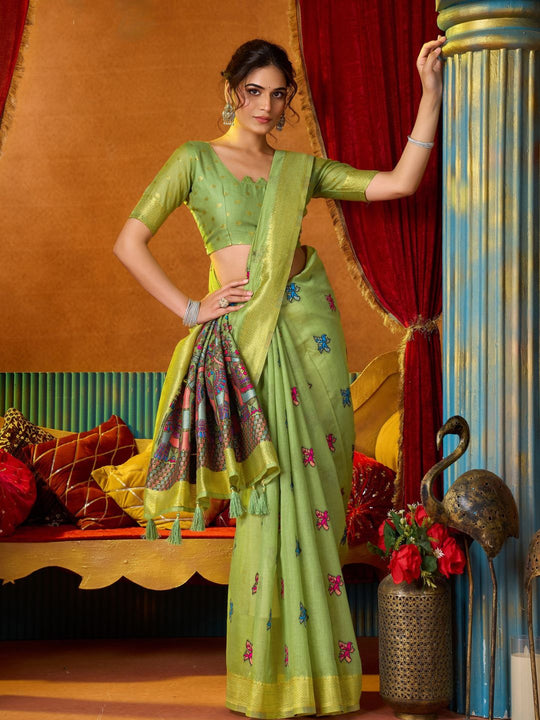 Green Soft Silk Katha Work Modal With Mina & Zhallar Saree With Blouse Piece
