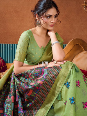 Green Soft Silk Katha Work Modal With Mina & Zhallar Saree With Blouse Piece