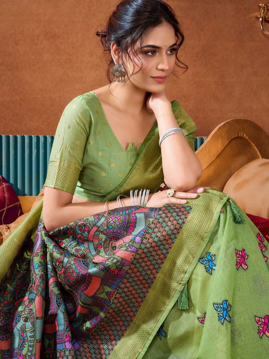 Green Soft Silk Katha Work Modal With Mina & Zhallar Saree With Blouse Piece