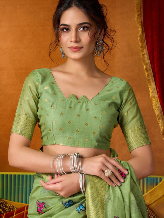 Green Soft Silk Katha Work Modal With Mina & Zhallar Saree With Blouse Piece