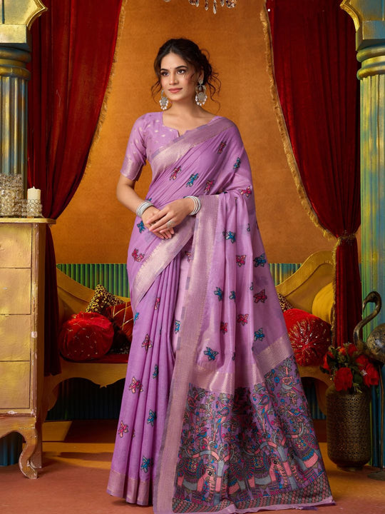 Lavender Soft Silk Katha Work Modal With Mina & Zhallar Saree With Blouse Piece