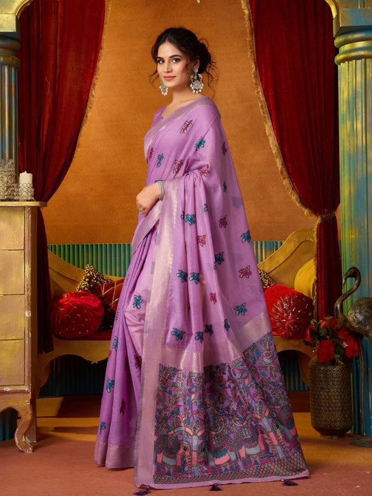 Lavender Soft Silk Katha Work Modal With Mina & Zhallar Saree With Blouse Piece