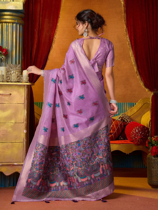 Lavender Soft Silk Katha Work Modal With Mina & Zhallar Saree With Blouse Piece