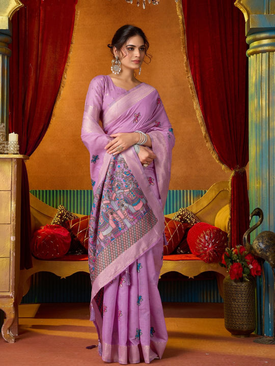 Lavender Soft Silk Katha Work Modal With Mina & Zhallar Saree With Blouse Piece