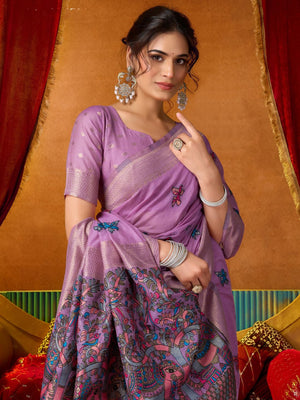 Lavender Soft Silk Katha Work Modal With Mina & Zhallar Saree With Blouse Piece