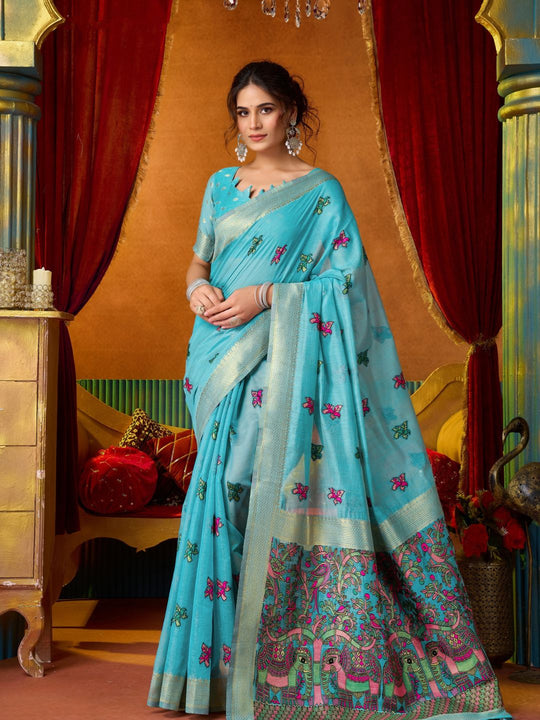 Sky Blue Soft Silk Katha Work Modal With Mina & Zhallar Saree With Blouse Piece
