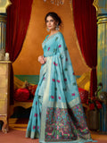 Sky Blue Soft Silk Katha Work Modal With Mina & Zhallar Saree With Blouse Piece