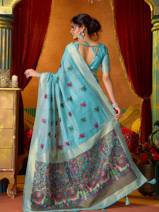 Sky Blue Soft Silk Katha Work Modal With Mina & Zhallar Saree With Blouse Piece