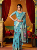 Sky Blue Soft Silk Katha Work Modal With Mina & Zhallar Saree With Blouse Piece