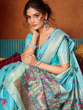 Sky Blue Soft Silk Katha Work Modal With Mina & Zhallar Saree With Blouse Piece