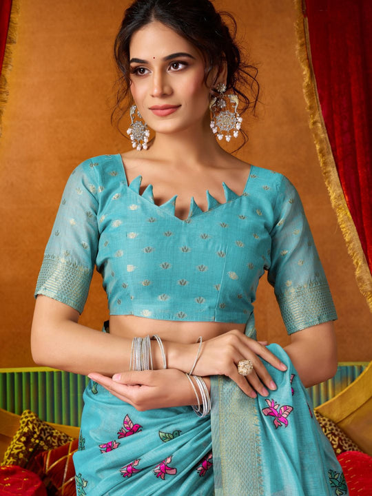 Sky Blue Soft Silk Katha Work Modal With Mina & Zhallar Saree With Blouse Piece