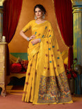 Yellow Soft Silk Katha Work Modal With Mina & Zhallar Saree With Blouse Piece