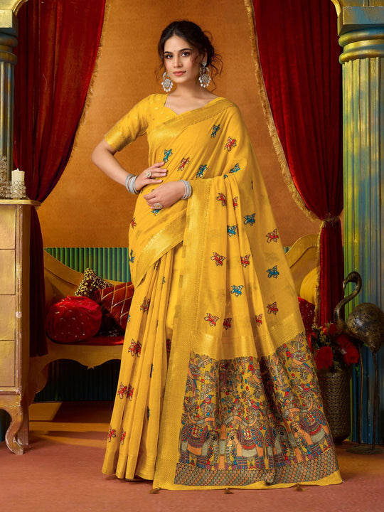 Yellow Soft Silk Katha Work Modal With Mina & Zhallar Saree With Blouse Piece