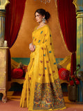 Yellow Soft Silk Katha Work Modal With Mina & Zhallar Saree With Blouse Piece