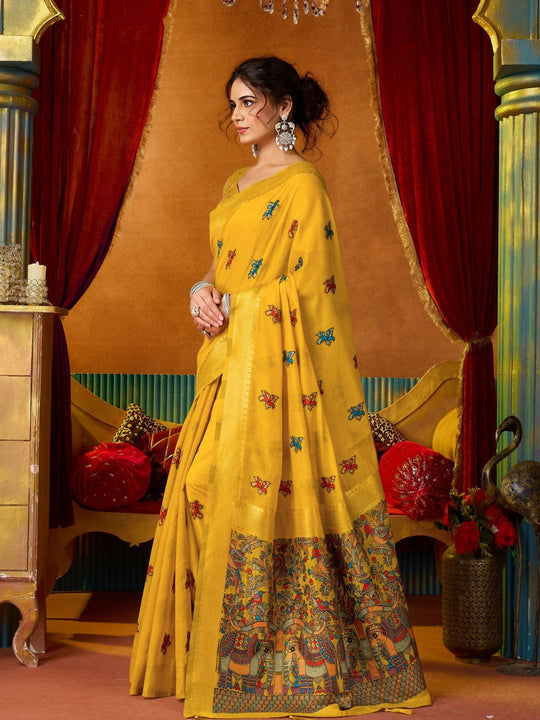 Yellow Soft Silk Katha Work Modal With Mina & Zhallar Saree With Blouse Piece