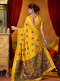 Yellow Soft Silk Katha Work Modal With Mina & Zhallar Saree With Blouse Piece