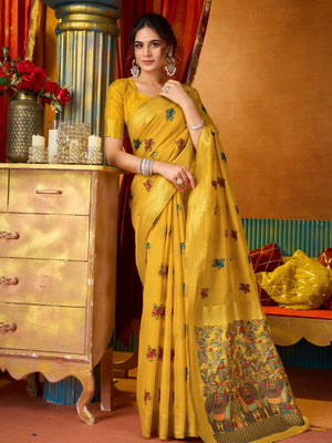 Yellow Soft Silk Katha Work Modal With Mina & Zhallar Saree With Blouse Piece