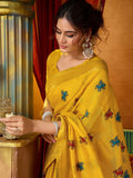 Yellow Soft Silk Katha Work Modal With Mina & Zhallar Saree With Blouse Piece