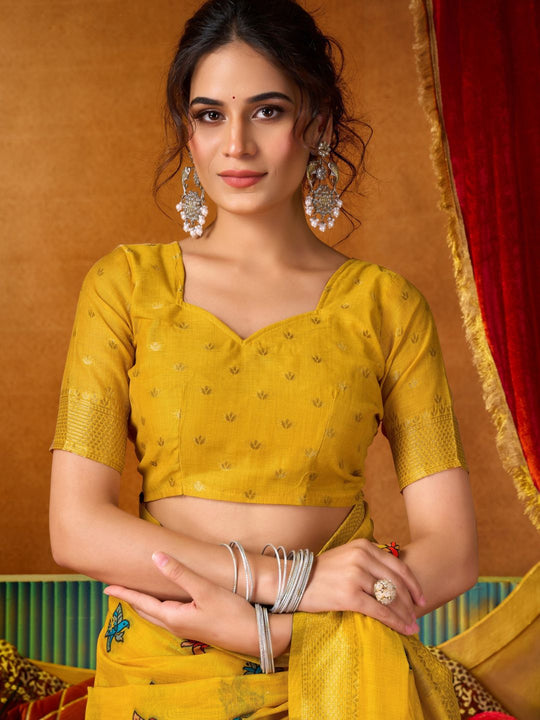Yellow Soft Silk Katha Work Modal With Mina & Zhallar Saree With Blouse Piece