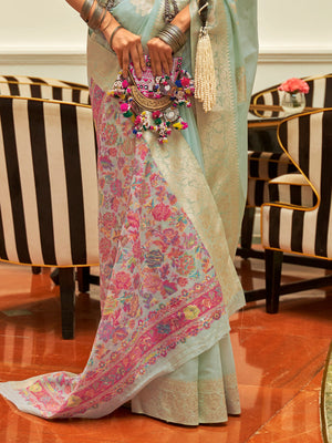 Cyan Pashmina Kashmiri Modal Saree With Blouse Piece